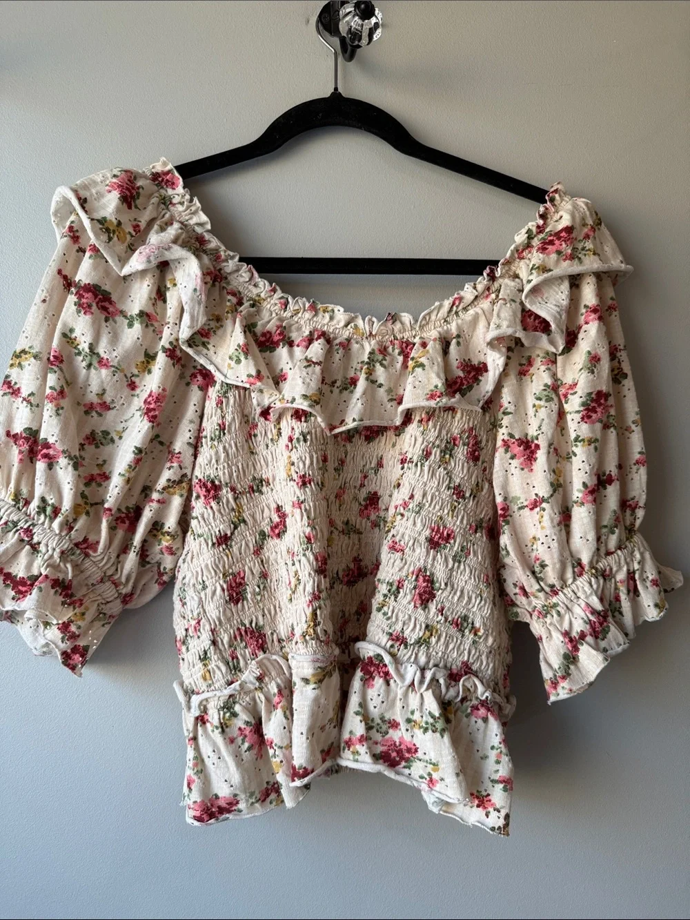 Free People favorite girl Cream Floral Ruffle Smocked crop Top medium cotton